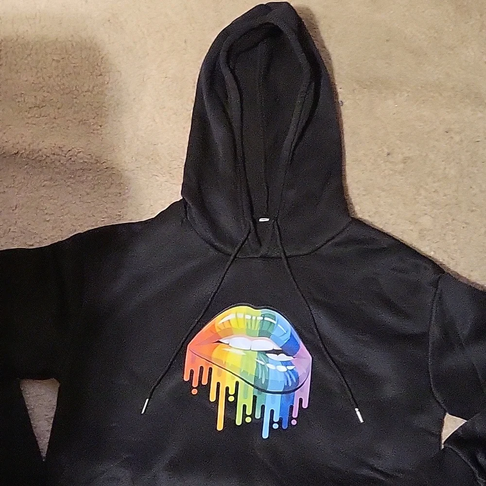 Womens Black Hoodie With Rainbow Lips - Picture 5 of 7